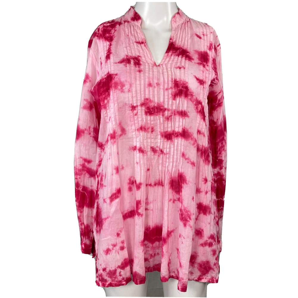 Michael Kors Shirt Women Sz XS Pink Tie Dye Pleated V-Neck Tunic‎ Top Cotton